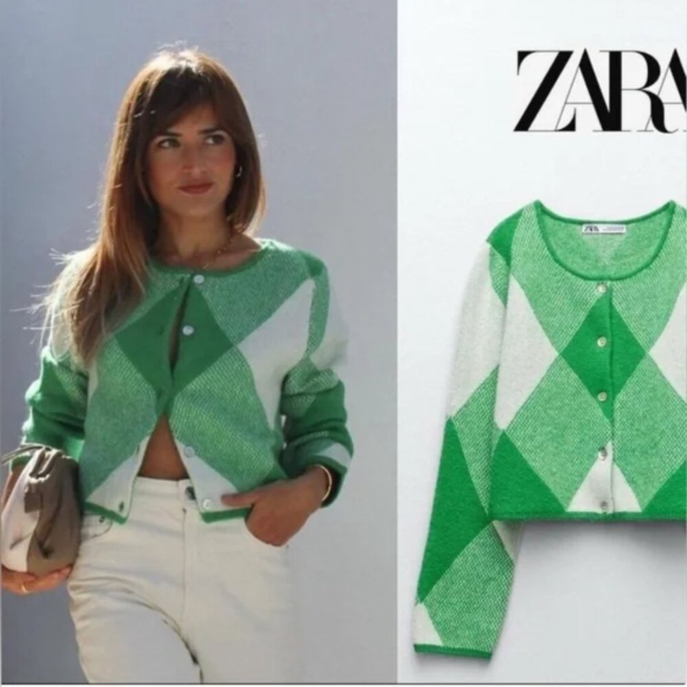 Zara Argyle Jacquard Knit Cardigan Prep - Picture 2 of 13